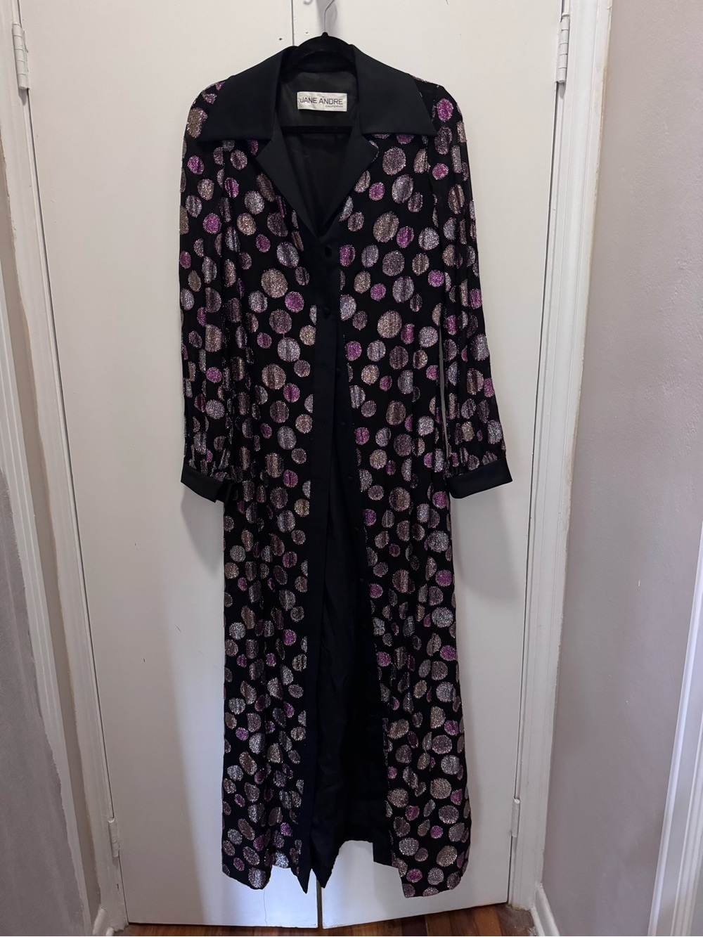 Vintage Black Long Sleeve Maxi Dress with Pink and Silver Polka Dots